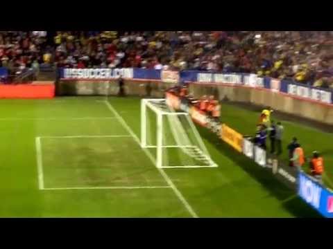 Fan runs onto field and gets picture taken with Ecuador goalie, USA vs Ecuador 10/10/14