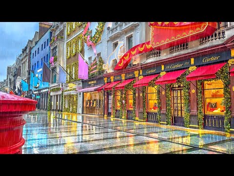 Rainy London Christmas Walk Tour | Central London Peaceful Morning Stroll | London Walk | 4K HDR