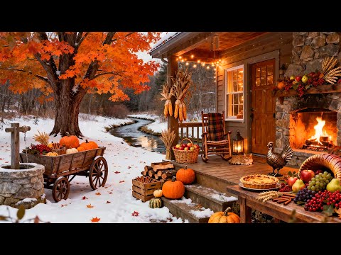 🍂 Cozy Thanksgiving Cabin Porch — Warm Fireplace, Snowy River & Autumn Glow (4K)