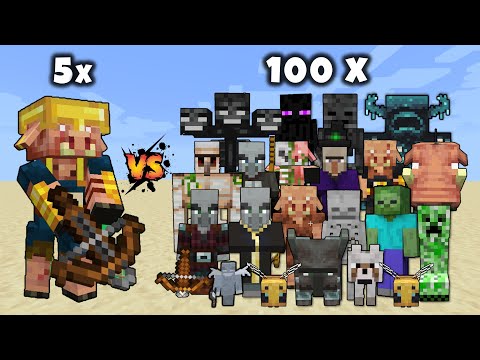 5 Piglin Brute Hunters vs 100x All Minecraft Mobs | Minecraft 5v100 | Minecraft mob battle