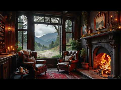 Cozy Celtic Scottish Library Ambience 📚✨ Relaxing Folk Music, Rain Sounds & Crackling Fireplace