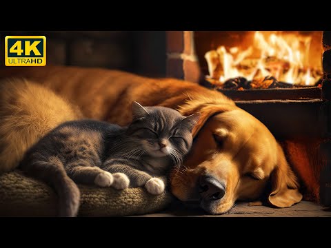 The Purring Cat and a Crackling Fireplace for Relax 4K 🔥 Purr Sounds for Deep Sleep and NO Insomnia