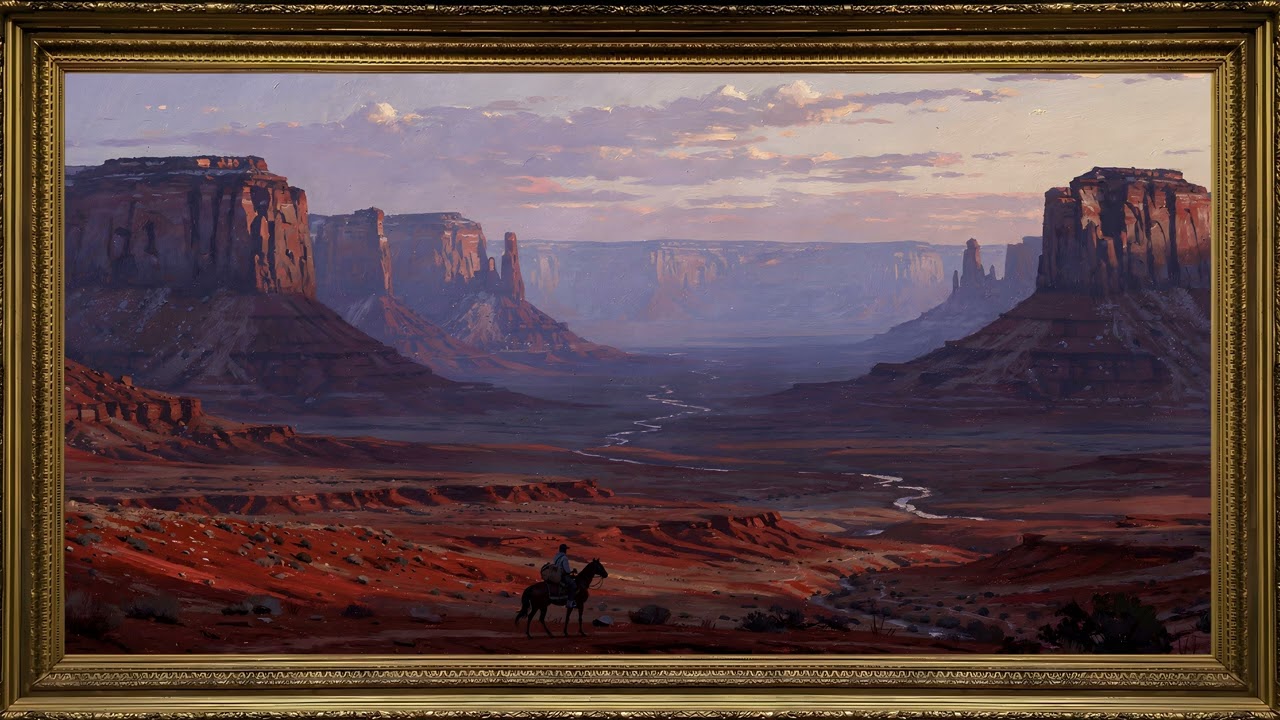 Western Desert Canyon with Lone Rider in Gold Frame | Cinematic Oil Painting TV Art 4K 2 Hours β 4K ambient art screensaver in baroque gold frame