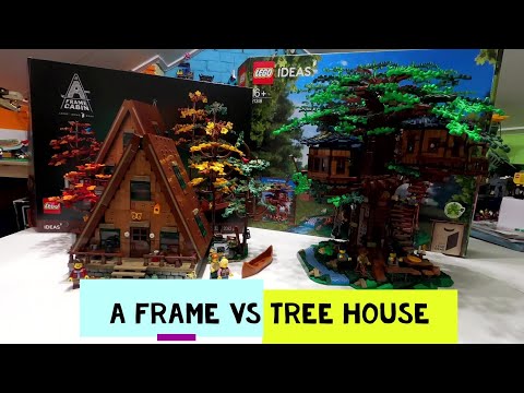 Lego Ideas Comparison  - Tree House 21318 Vs A Frame Cabin 21338 - Unboxing Building Lego Display