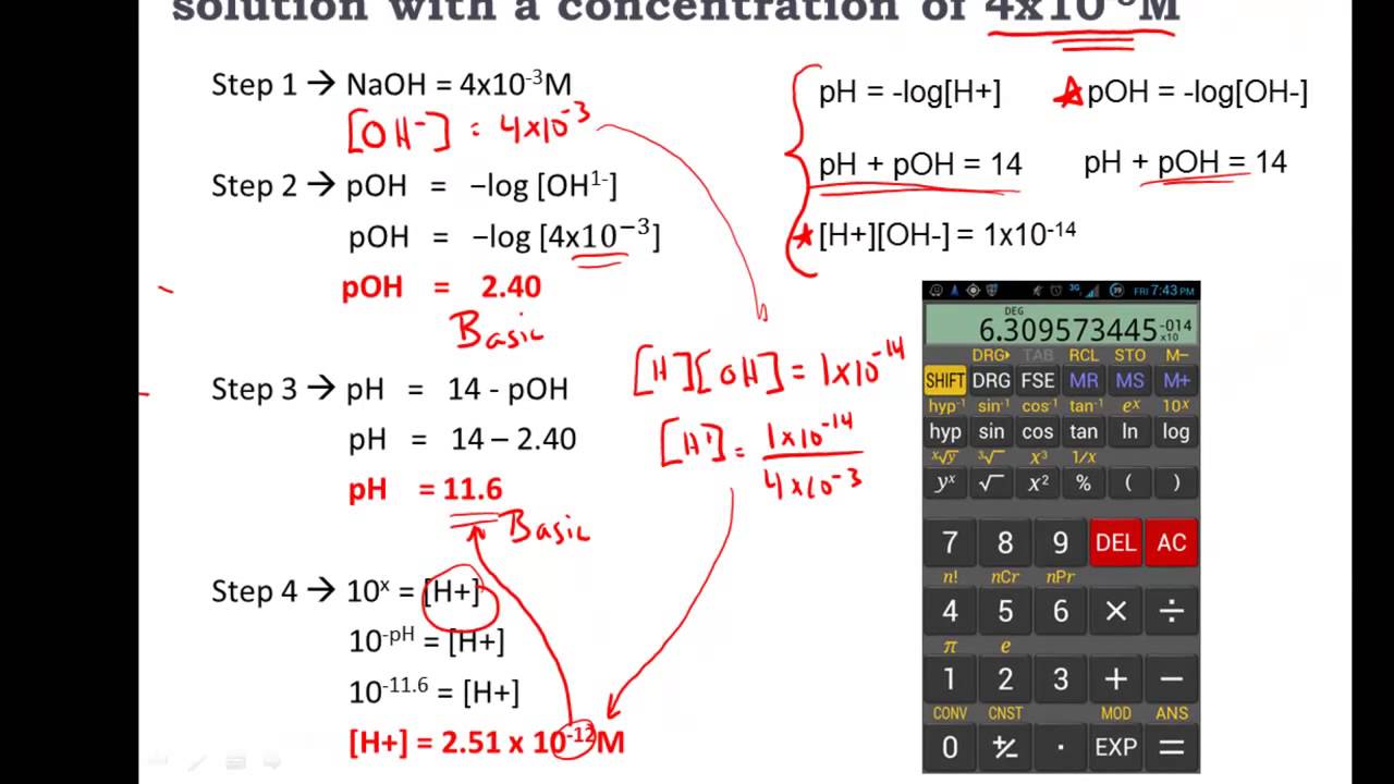 Calculating pH, pOH, [H+], [H3O+], [OH-] of Acids and Bases - Practice