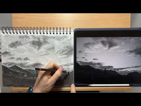 Simple Mountain Landscape Drawing, Using Charcoal (Timelapse)
