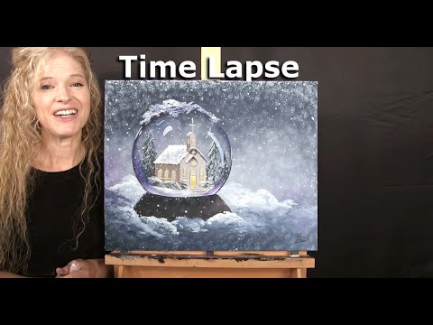 Learn How to Draw and Paint with Acrylics "SNOW GLOBE CHURCH"- Time Lapse Beginner Art Tutorial