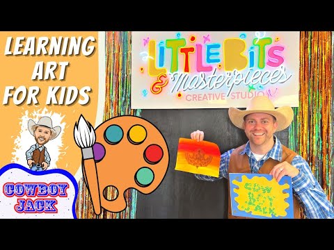 Thumbnail for kids art video: cowboy-themed host holding painted artwork with a colorful palette and brush, 'Little Bits & Masterpieces' sign in background.