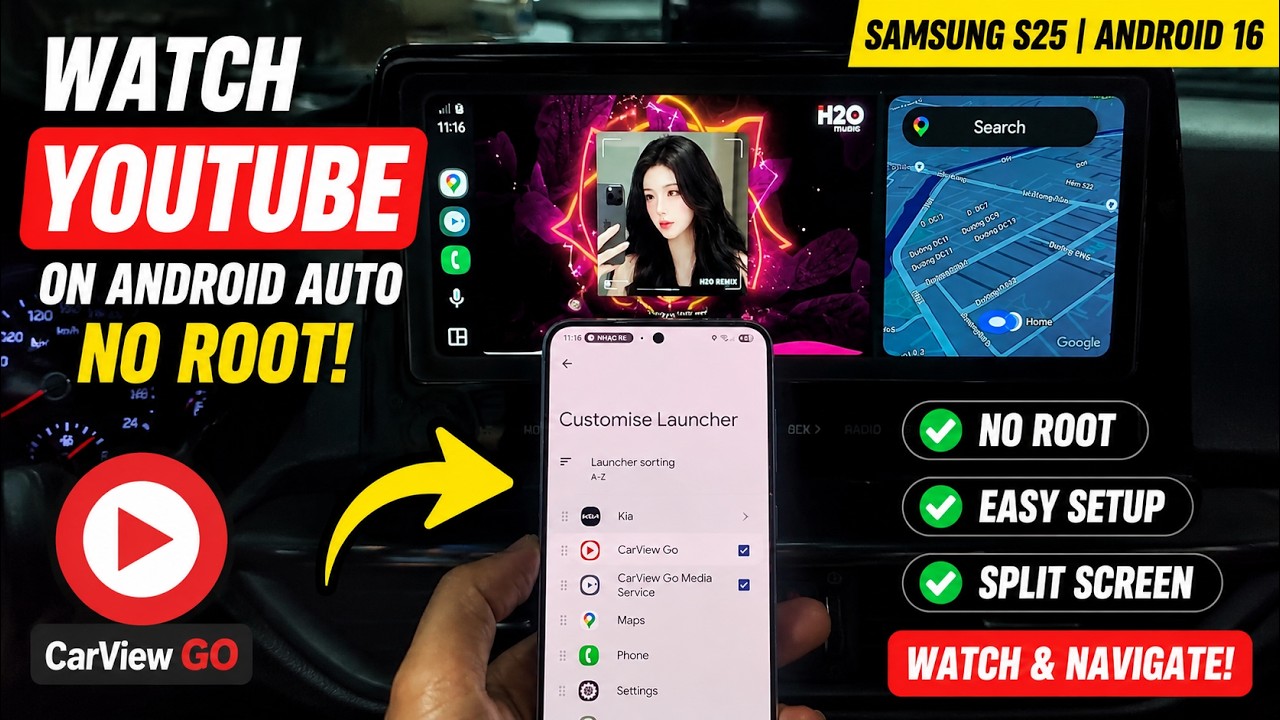 How to Watch YouTube on Android Auto NO ROOT | Samsung S25 & Android 16 (CarView )