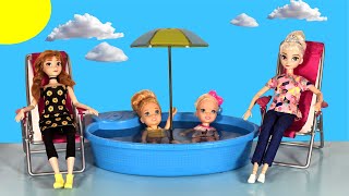 Park pool fun ! Elsa & Anna toddlers - water fun - Barbie dolls