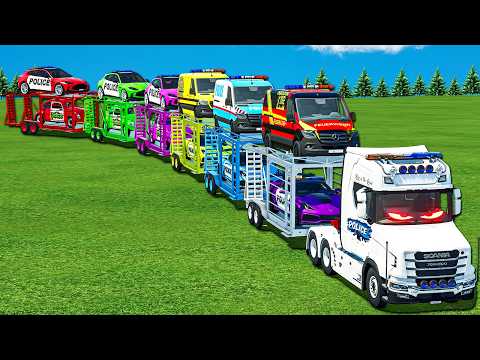 LONG CONVOY TRANSPORT POLICE CORVETTE, ASTON MARTIN, BEETLE WITH SCANIA TRUCK! FS 25