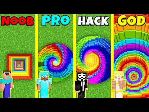 Minecraft Battle: NOOB vs PRO vs HACKER vs GOD: RAINBOW TUNNEL PIT HOUSE BUILD CHALLENGE / Animation
