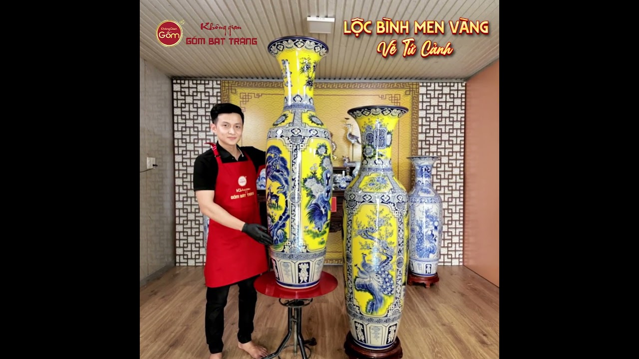 Lộc Bình 1M4 Men Vàng Vẽ Tứ Cảnh