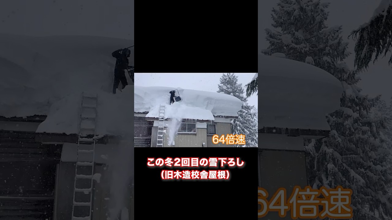 《64倍速》雪が降る中雪下ろし（※近くで作業している重機の音がうるさいです） 旧木造校舎屋根雪下ろし この冬2回目 2026年1月31日 #snowremoval #shorts