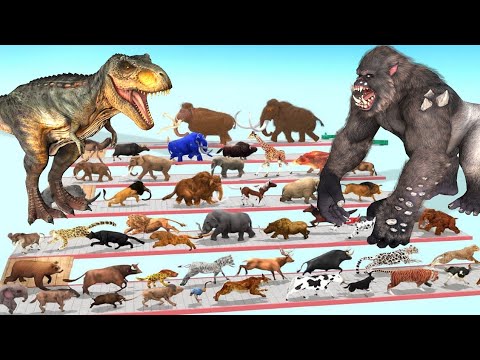 The Ultimate Battle 44 Wild Animals vs GIGA T-REX Dinosaur Epic Run Zigzag Down Course! Arbs tv