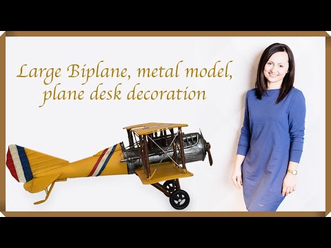 Large Biplane 23,62", metal model, old airplane, plane desk decoration