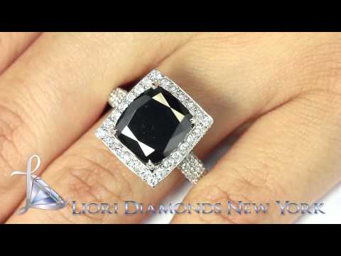 BDR-SOLD-001 - 7.06 Carat Certified Cushion Cut Black Diamond Ring 18k Pave Halo Vintage Style