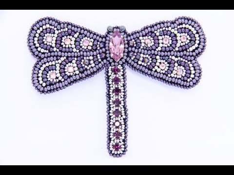 Брошь с кристаллами и бисером Стрекоза фиолетовая Брошь стрекоза жук насекомое животное Ручная работа - фото 1 - id-p1418683252