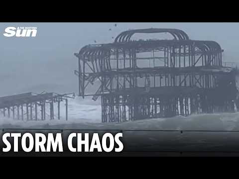 Shocking moment part of iconic Brighton pier COLLAPSES as Storm Austen heads towards Scotland