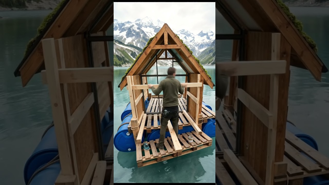 Metal scaffolding is erected along the front facade of the house. A large crew of workers,