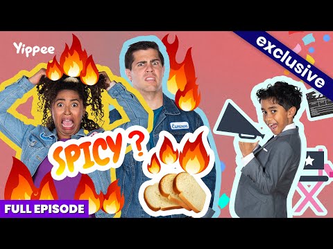 Thumbnail for a spicy‑food episode: three people with flame graphics and 'SPICY?' text on a colorful collage.