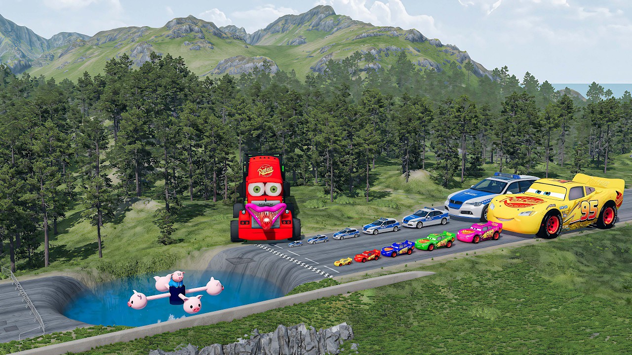 Big & Small McQueen & Police Car vs Zombie Mack, Giant Bulge & Hammer Downhill Race – BeamNG.drive