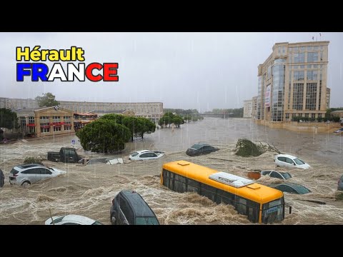 River Flood Chaos in France: Houses and Cars Sink in Montpellier, Hérault.