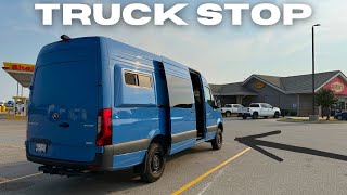 Van Camped at a Truck Stop. After Days In The Flats, IS THAT A HILL?