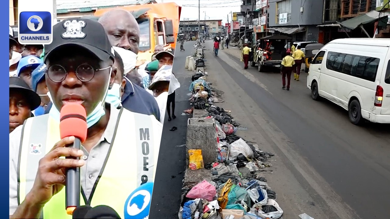 Governor Sanwo-Olu speaking at a podium during a sanitation exercise announcement in Lagos, Nigeria Image Title: Lagos State 