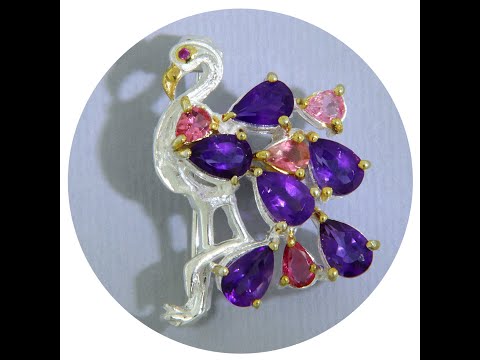 Brosa Argint 925 Accente Aurite Ametist Turmalina Roz Naturale