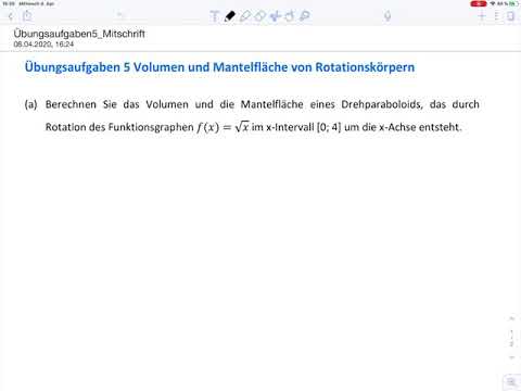 Übungsblatt5 Aufgabe a - Integration Rotationsvolumen und Mantelfläche