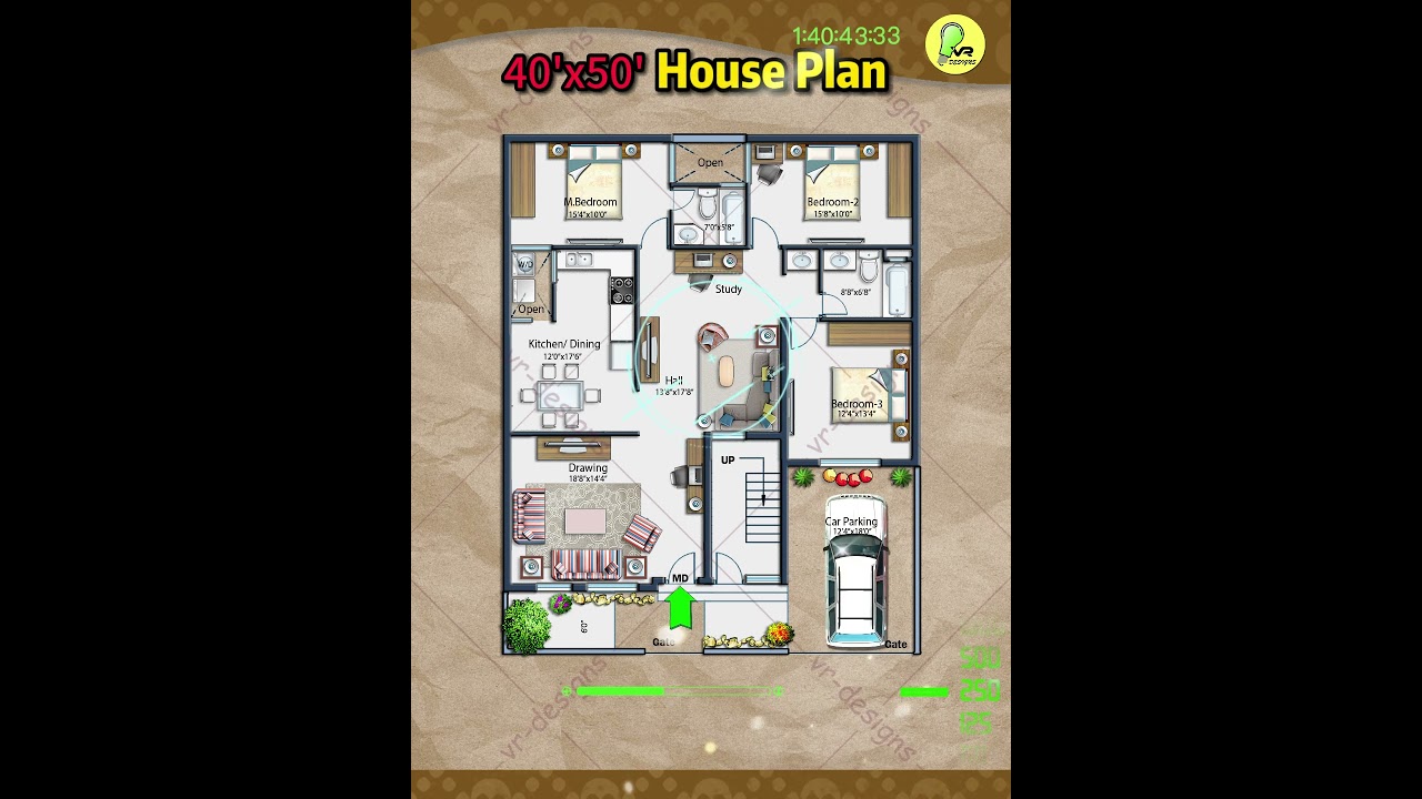 40×50 House Plan, North facing, 3 BHK with Car Parking and Front Yard, 40*50 home design #instyle