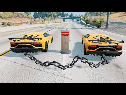 Chained Cars vs Bollard || BeamNG Drive