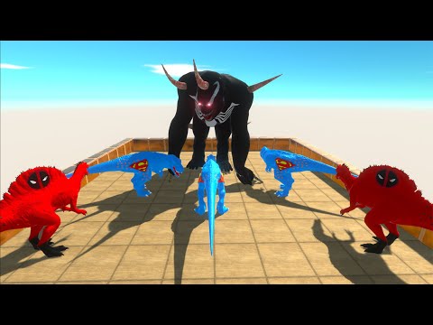 2X DEADPOOL SPINO & 3X SUPERMAN T-REX vs GIANT VENOM GORO DEATH RUN - Animal Revolt Battle Simulator