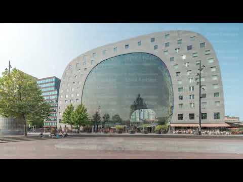 Hyperlapse of the Rotterdamse Markthal's exterior with shops and restaurants. Netherlands