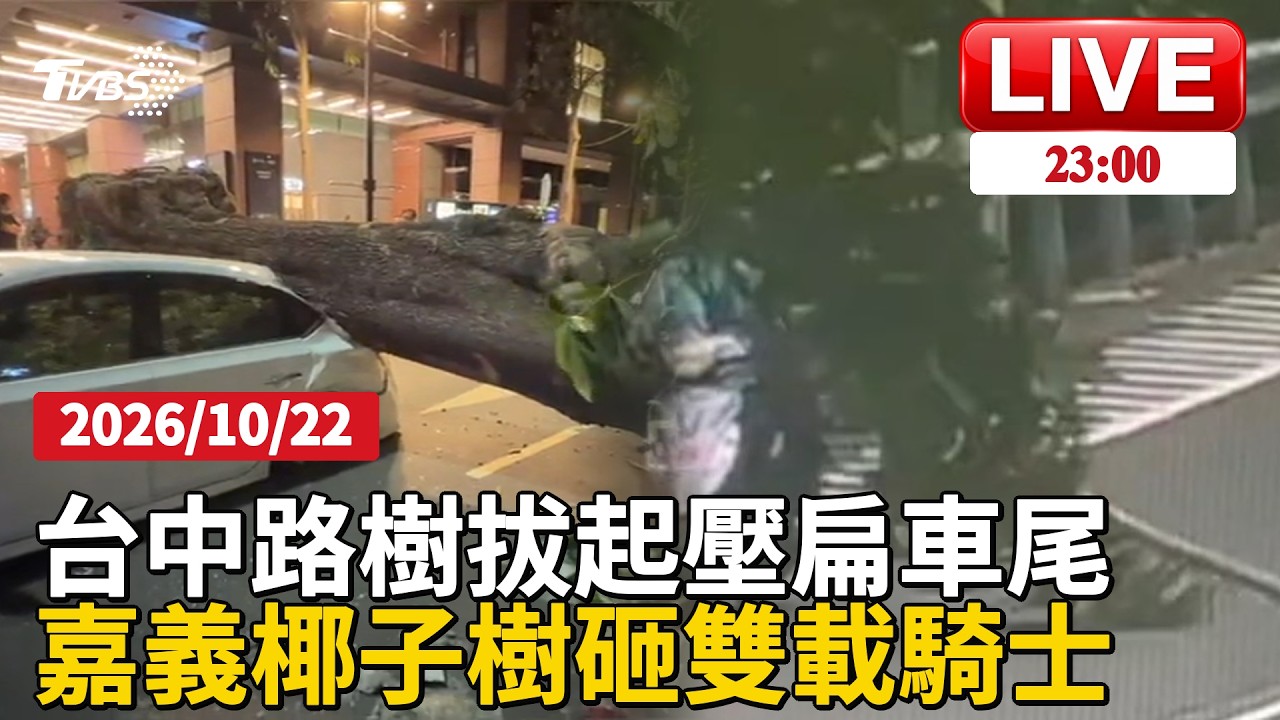強颱逼近"風狂吹" 椰子樹葉砸雙載騎士害摔薔琵颱爆襲台中 路樹連根倒塌 壓扁車尾