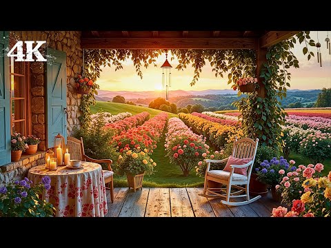 Sunset Rose Garden Porch Ambience | Unleash Eternal Serenity with Wind Chimes Birdsong & Soft Breeze