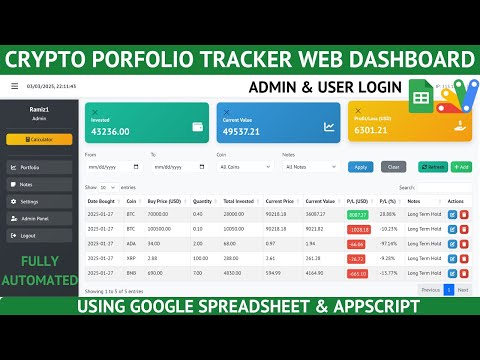 Crypto Portfolio Tracker Web Dashboard Google Sheets & Apps Script | CRUD Admin/User Login | C39