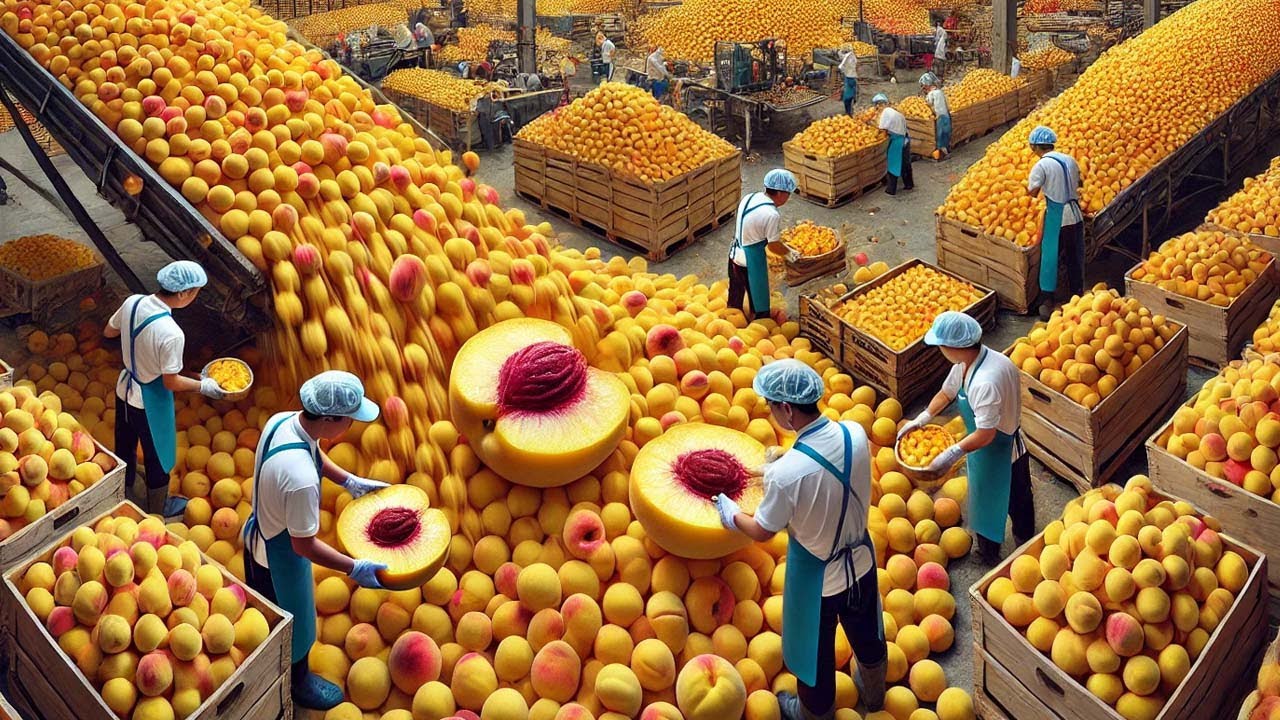 Agricultores Americanos Colhem E Processam Romãs, Pêssegos, Castanhas E Nozes