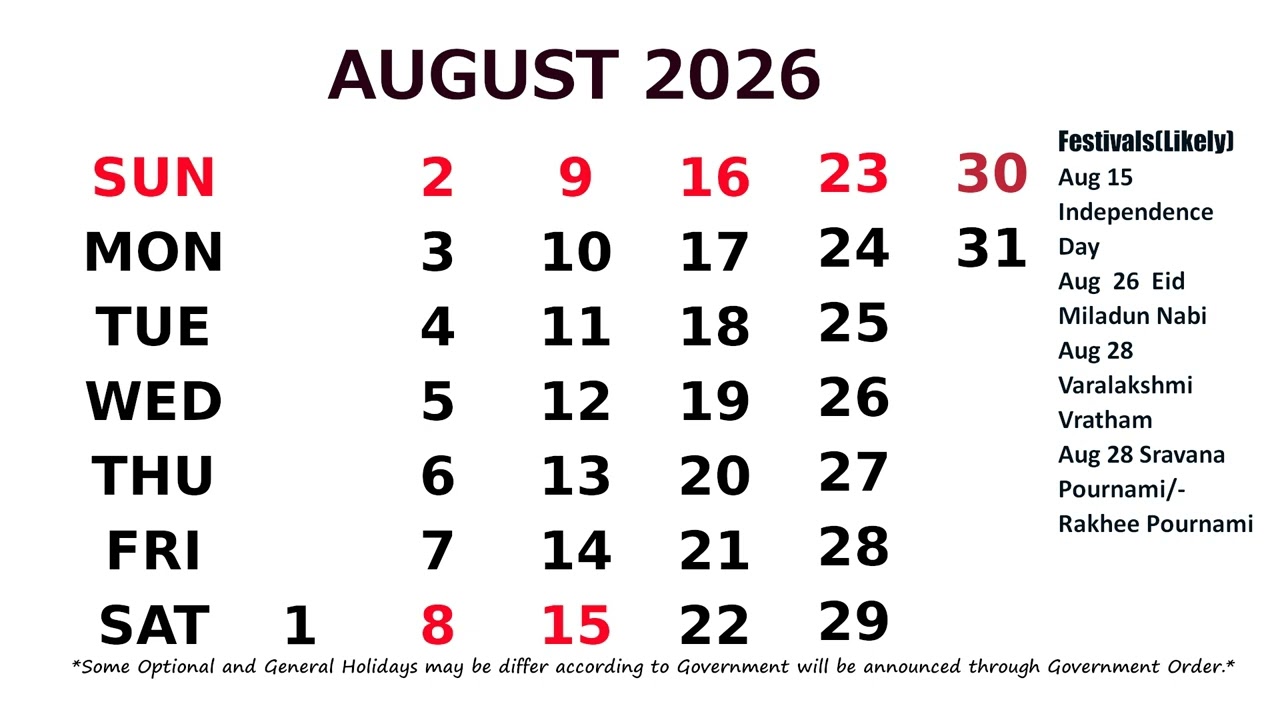 August Calendar 2026
