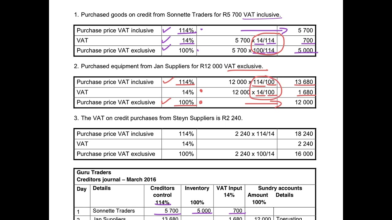 11. Calculation of VAT on credit purchases and creditors journal