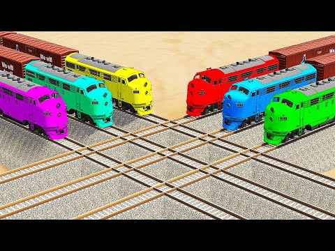 Six Trains vs Impossible Mistake Crossing Overlapping Six Rail Tracks - BeamNG.Drive