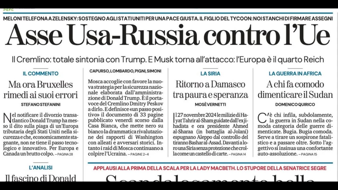 RASSEGNA STAMPA 8 DICEMBRE 2025. QUOTIDIANI NAZIONALI ITALIANI  PRIME PAGINE DEI GIORNALI DI OGGI