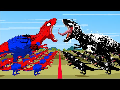SPIDER MAN T-REX vs VENOM T-REX, BATMAN T-REX, SPIDER GODZILLA Dino Fight - Jurassic World Evolution