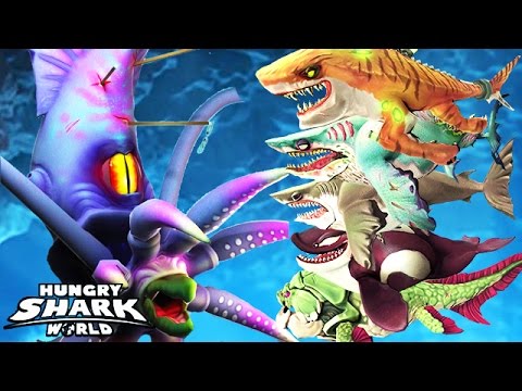 Hungry Shark World - All !! Sharks vs Colossal Squid BOSS 🦑🦑🦑
