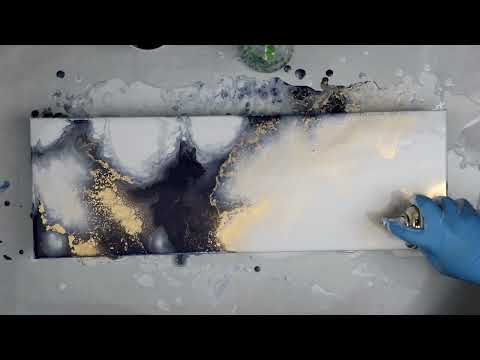 (831) Gorgeous Indigo and Gold Mixed Media Acrylic Pour with Spray Paint