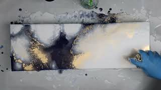 (831) Gorgeous Indigo and Gold Mixed Media Acrylic Pour with Spray Paint