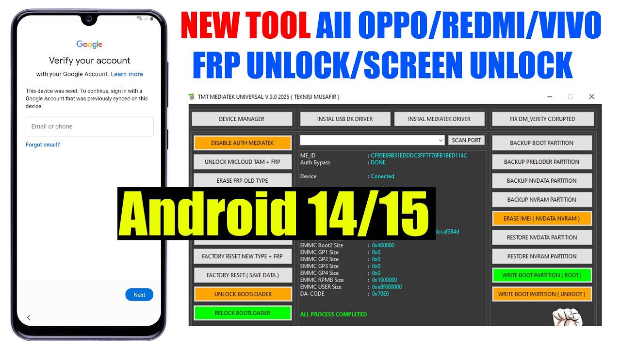 ALl Oppo/Redmi/ViVo Frp Bypass, Screen Unlock Android 14/15 2026