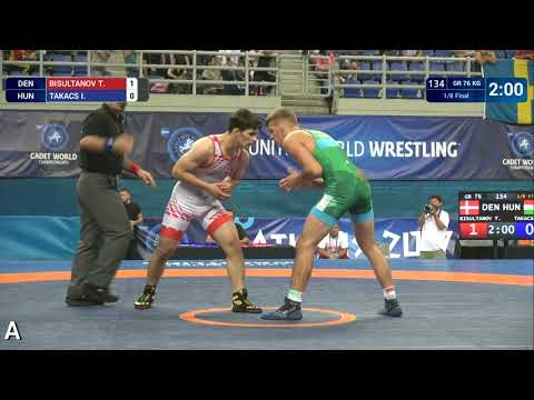 1/8 GR - 76 kg: I. TAKACS (HUN) df. T. BISULTANOV (DEN) by VFA, 4-1