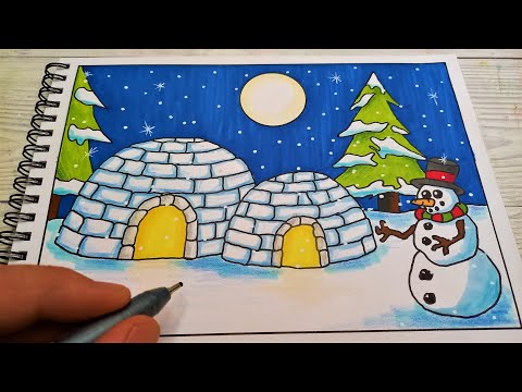 Desenez un PEISAJ de IARNA cu IGLU de GHEATA si Brazi cu Zapada 🌲Desen Usor Pas cu Pas pt incepatori